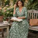 SUZONANA Plus Size Dresses for Women Floral Print Maxi Dress Flowy 3/4 Sleeve with Belt (Green, XXL)