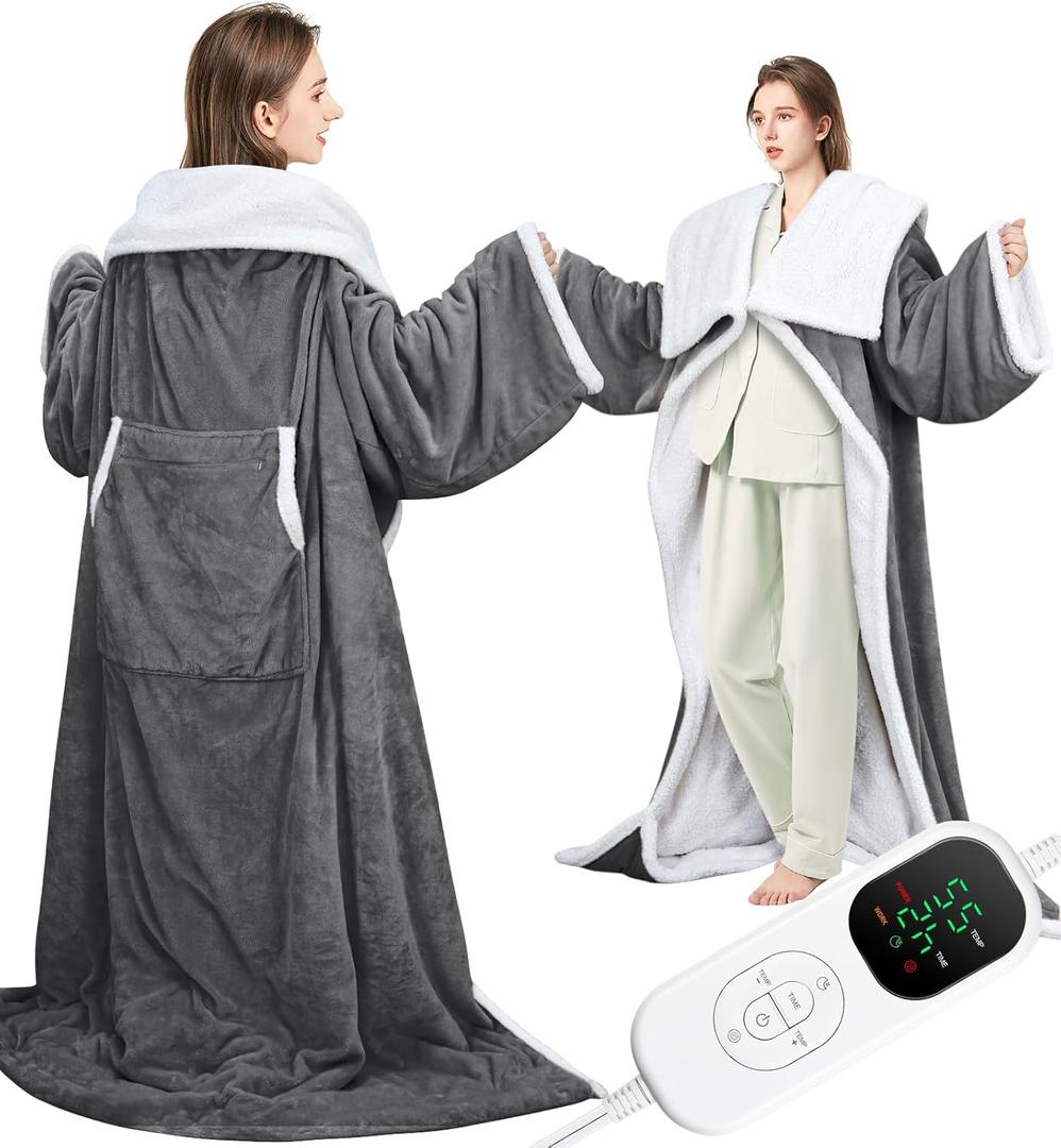 EAONE 59 * 70 Heated Throw Blankets Electric Snuggle with Foot Pocket, Wearable Heated Blanket with Sleeves for Women Men Adults, Super Soft Flannerl & Sherpa Blanket Warmer for Home Office (Gray-white)