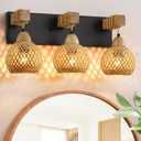 LmnLvn Farmhouse Bathroom Light Fixture, 3-Light Boho Vanity Light, Bamboo Bathroom Light Fixture Over Mirror Rustic Vanity Lighting with Handmade Bamboo Shades, Suit for Restroom, Bedroom, Hallway (Black & Bamboo Wicker)