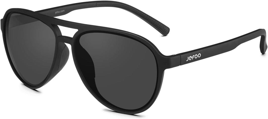 Jefoo Polarized Aviator Sunglasses for Women Men Retro Trendy Sports Sunglasses for Outdoor UV400 Protection (Matte Black Frame / Black Lens)