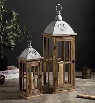 Set of 2 Large Decorative Wooden Metal Lanterns, Farmhouse Rustic Floor Candle Lanterns, Indoor/Outdoor Hanging Lanterns for Home Decor (No Glass) (Brown)