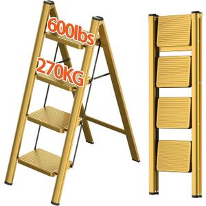 JOISCOPE 4 Step Ladder,Lightweight Folding Step Stool with Anti-Slip Pedal,600 lbs Portable Sturdy Steel Ladder for Adults,Multi Purpose Folding Ladder for Home Kitchen Office,Space Saving,Gold