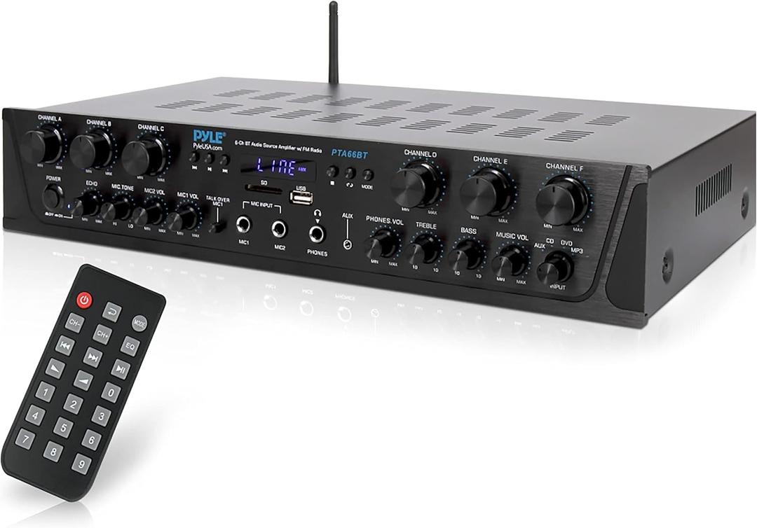 Pyle Wireless Home Audio Amplifier System - Bluetooth Compatible 6 Channel Stereo Receiver, 600W Max Power, Simple Karaoke with Dual Mic Inputs with Tone Control, PA with Talk Over - PTA66BT.6