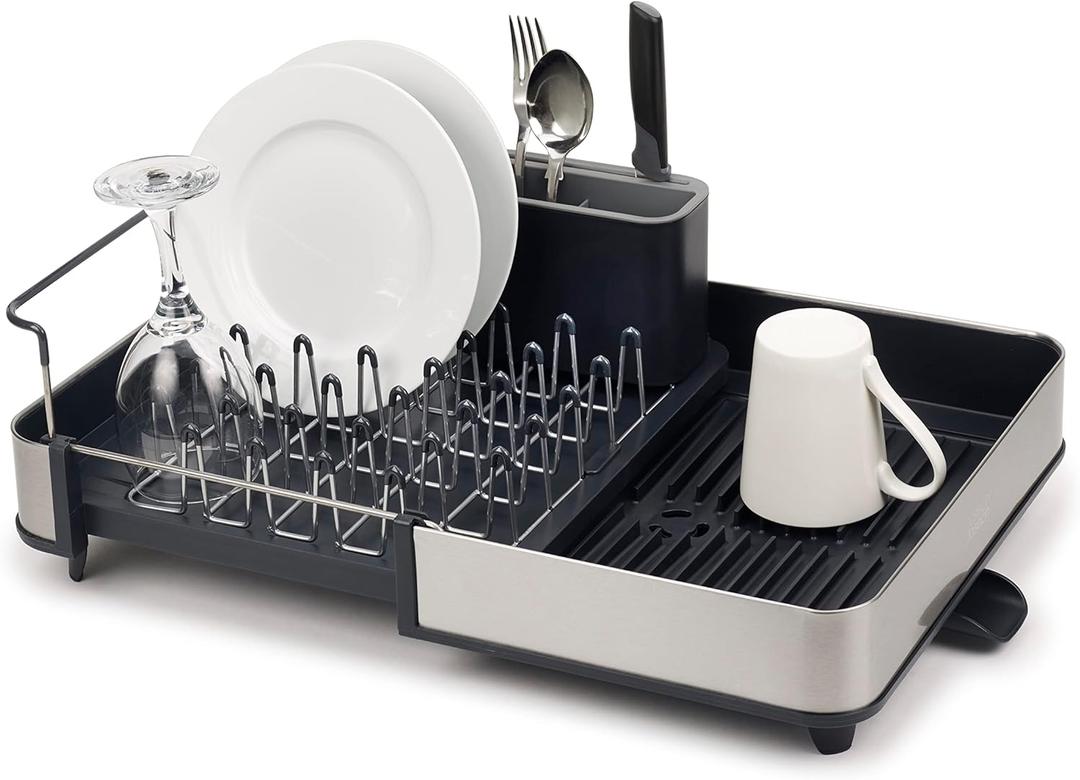 Joseph Joseph Extendable Dish Drying Rack with Dual Parts - Stainless Steel, Non-Scratch, Movable Utensil Drainer & Drainage Spout, Gray (Expandable)