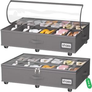 2 x homyfort Under Bed Shoe Storage with Wheels, Fits 24 Pairs, Rolling Shoe Organizer with Bottom Support & Clear Lids, Sturdy Under Bed Storage Box for Shoes, Set of 2, Grey