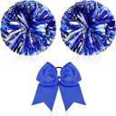 Hanaive 3 Pcs Cheerleading Pom Poms and Large Cheerleader Hair Bow Metallic Cheer Supplies for Team Spirit Sports Dance Cheering (Blue Silver Pom)