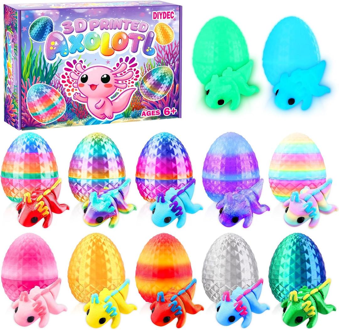 DIYDEC 24pcs Easter 3D Printed Animals Axolotl Figurines with 3D Printed Eggs Mini Fidget Toys for Kids Boys Girl Easters Basket Stuffers School Classroom Prizes Egg Hunt Party Favors Gifts