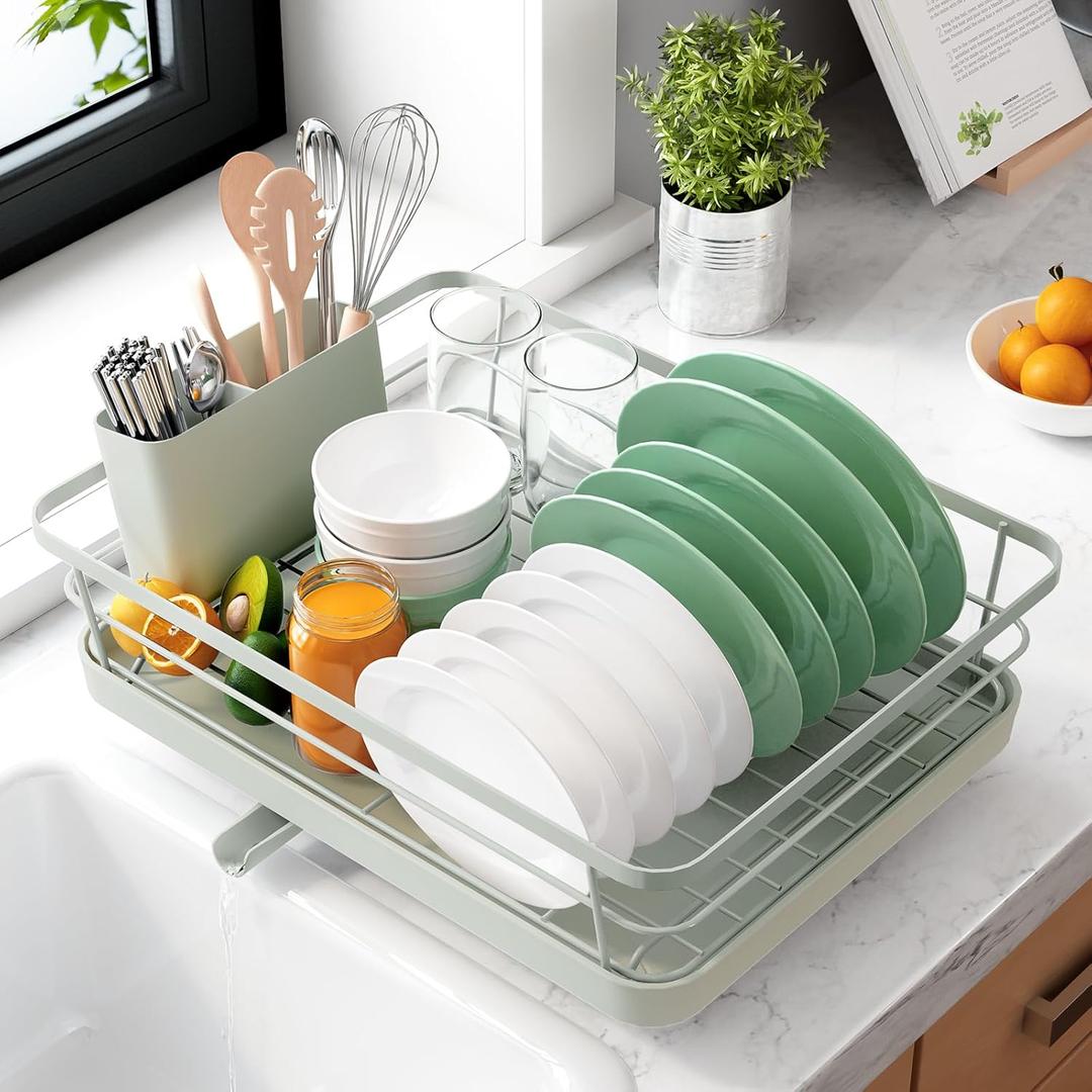 Kitsure Dish Drying Rack for Kitchen Counter, Stainless Steel Sink Organization and Storage Essentials with Cutlery Holder, Home and Appartment Decor, 12''W x 15.5''L, Light Grey