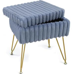 Vanity Stool Chair with Storage, Faux Fur Soft Padded Ottoman with Coffee Table, Modern Vanity Chair Fluffy Footstool with Metal Legs for Makeup, Living Room,Bedroom Blue