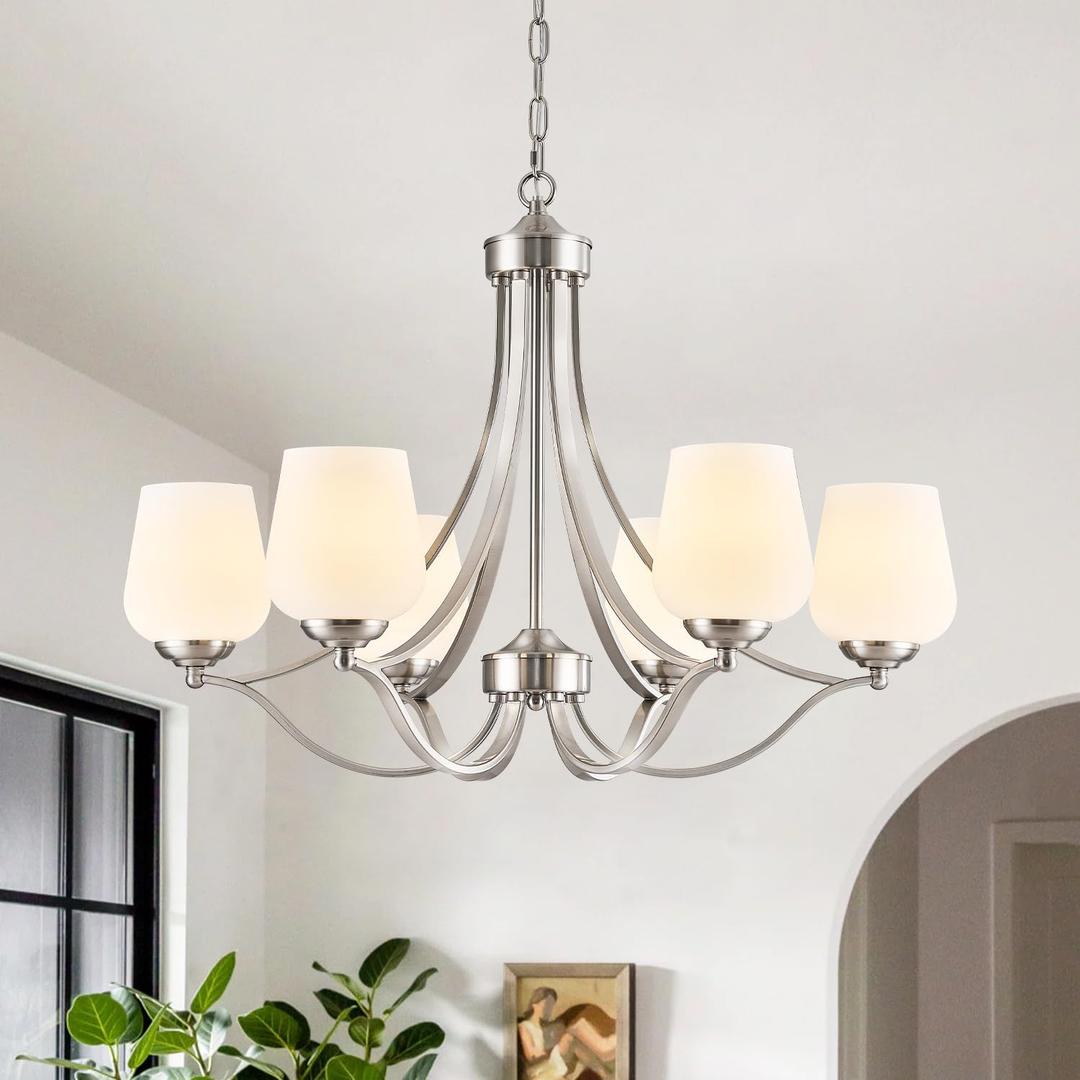 Brushed Nickel Farmhouse Chandelier Rustic Kitchen Island Lights with Milk White Frosted Glass Lampshade Height Adjustable 47.2" Ceiling Hanging Light Fixture for Dinging Room Living Room Over Table