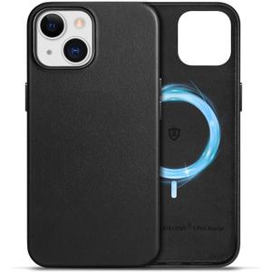 SHIELDON Case for iPhone 15 6.1", Genuine Leather Magnetic Wireless Charging Slim Fit Elegant Non-Slip Shockproof Protective Phone Case Cover with Metal Buttons Compatible with iPhone 15 2023 - Black
