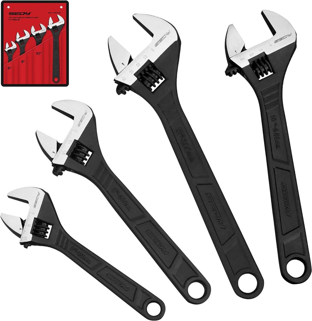 Adjustable Wrench Set Wrenches Sets: 4-Piece 6, 8, 10, 12 Inch Chrome Vanadium Steel Corrosion-Resistant Black Oxide Finish for Automotive Plumbing and Household Repairs