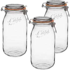 Le Parfait Super Jar, Canning Jars, 2L French Glass Canning Jar w/Round Body, Glass Jars w/Airtight Lid, Canning Jars Wide Mouth, Glass Jar With Lid, Clear Jar, Clear Glass Jars (64oz/2 Quarts, 3 pk) (64oz (Set/3))