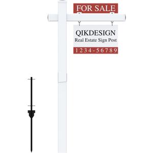Qikdesign Vinyl PVC Real Estate Sign Post 6' Tall (Connected type), White Realtor Yard Sign Post with Flat Cap for Open House, 36" Arm Holds Up to 24" Sign
