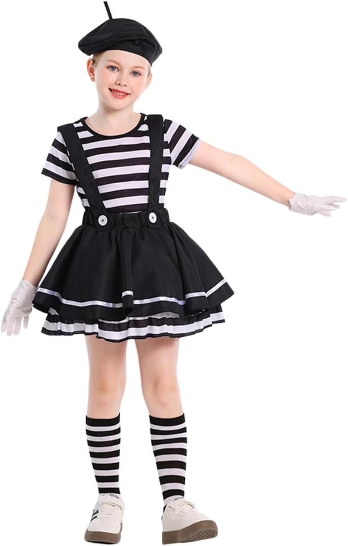Colorful House Girls' Mime Costumes Black and White Clown Pantomime Suspender Dress Role playing 4Pcs (L, 10-12Y)