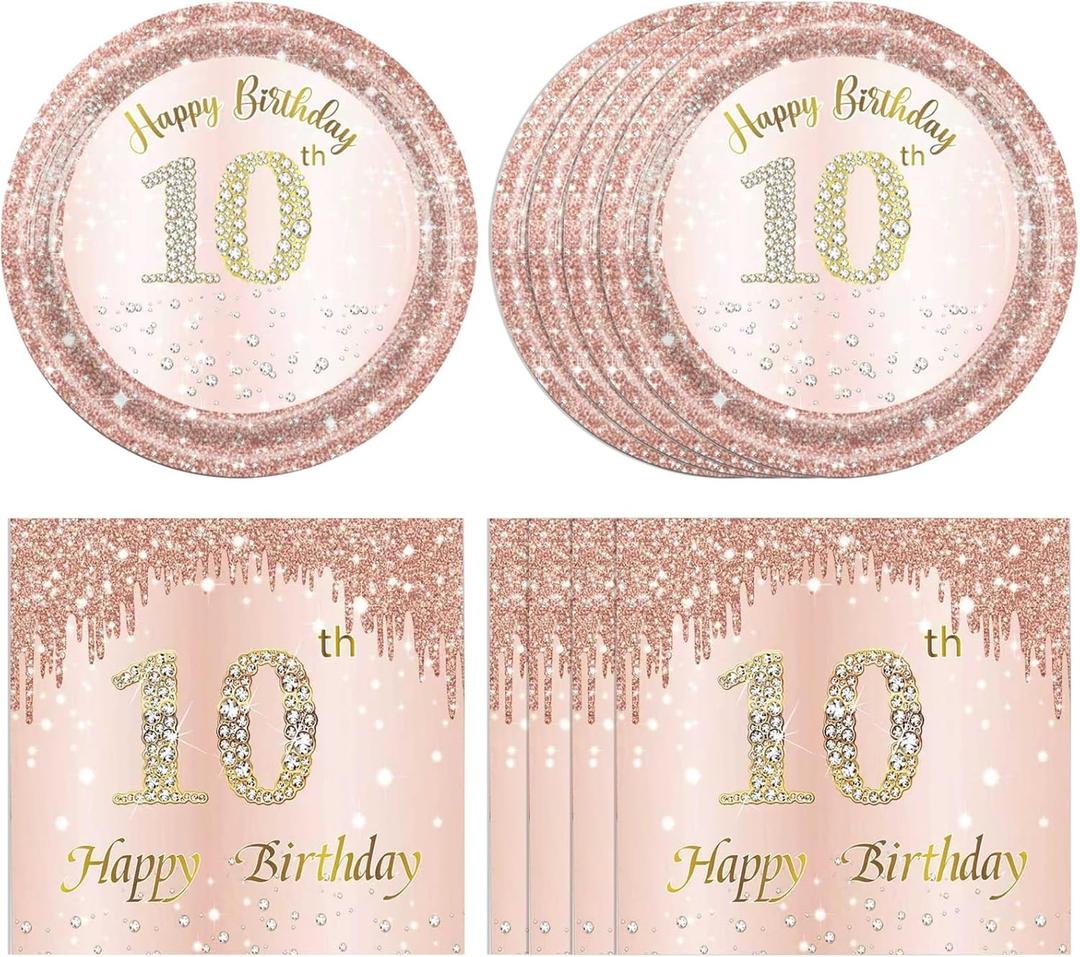 40PCS 10th Birthday Decorations for Happy 10 Years Party Tableware Set Including 10th Birthday Party Plates and Napkins,Rose Gold 10 Years Old Table Decor for Girls Pink Rose Gold Party Supplies