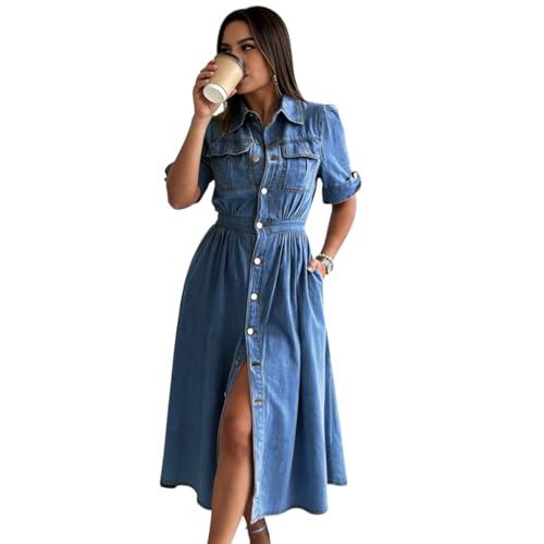 WGXWGX Denim Dresses for Women 2026 V Neck Short Sleeve Long Elastic High Waist Bottom Down A-Line Jeans Dresses with Pockets (US, Alpha, Large, Regular, Regular, Dark Blue)