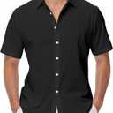 Mens Linen Shirts Short Sleeve Button Down Regular Fit Shirts Casual Vacation Beach Summer Hawaiian Tops (Black, M)