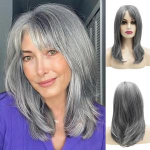 Long Grey Wigs for Women Natural Layered Grey Wig with Bangs,Synthetic Hair Wig for Daily Party Use
