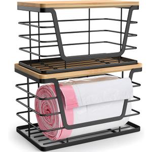 2 Pack Storage Stackable Kitchen Laundry Organizers with Bamboo Top, Wall Mount Large Trash Bag Holder and Standard Garbage Bag Dispenser (Black)