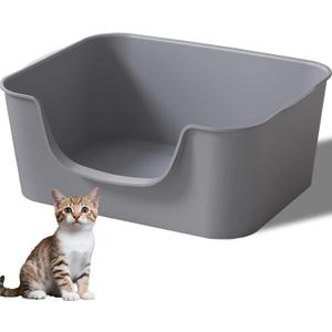Low Entry Cat Litter Box with High Sides - Open-Top Anti-Splash, Durable Easy-Clean Pan for Kittens, Munchkin Cats, Senior Medium-Sized Cats & Small Pets (Rabbits), 19.3x13.3x7.8 Grey