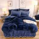 LIFEREVO Luxury Plush Shaggy Duvet Cover Set, Ultra Soft Velvet Fluffy Furry Duvet Cover Set(1 Faux Fur Fuzzy Comforter Cover + 2 Pom Poms Pillowcases) Solid Bedding Set, Zipper Closure(King, Navy)