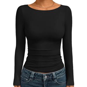 Trendy Queen Women's Boat Neck Tops Long Sleeve Shirts Casual Fitted Tee Shirts Solid Color Fall Basic Clothes 2026 M