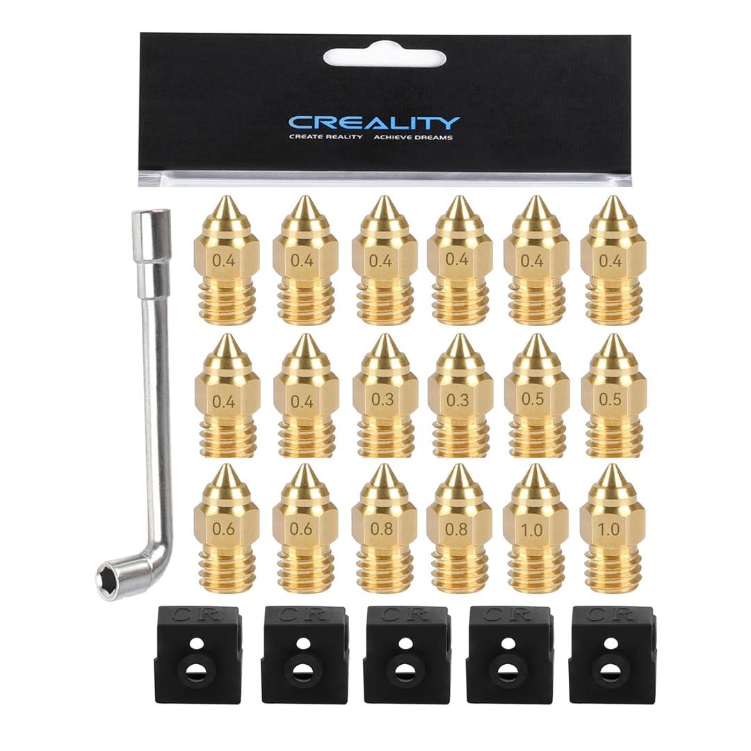 Creality Ender 3 Neo Nozzle Kit, for Ender 3 V2 Neo, Ender 3 Max Neo, CR-6 SE, CR-10 Smart, 5pcs Silicone Sock, 8pcs 0.4mm Nozzle, 2pcs 0.3/0.5/0.6/0.8/1.0mm Nozzle, 1pcs Nozzle Wrench