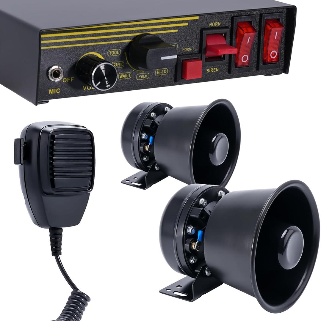 12V 400W Police Siren 9 Tones Warning Emergency Siren PA System with Handheld Microphone - 2Black Steel Speaker Horn