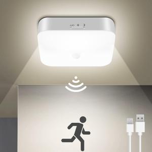 Rechargeable Motion Sensor Closet Light, Rechargeable Battery Operated Ceiling Light Wireless, 500LM Wireless Motion Activated Light for Shower Stairs Hallway Pantry Porch Garage, 5000K (White)