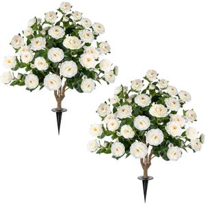 2 Pack 3FT Artificial Camellia Tree with Ground Spike, Full Bloom Fake Camellia Plant Outdoor, Dense Flower Artificial Trees for Front Porch Decor, Patio Garden Yard Decorations, White