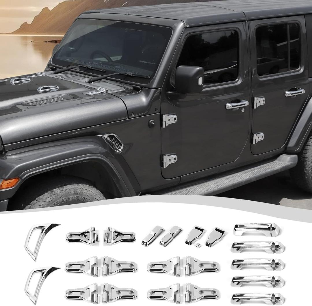 22PCS Full Set Exterior Decoration Trim Kit Compatible with 2018-2026 Jeep Wrangler JL JLU 2/4 Doors, Door Hood Engine Hinge Covers Door Handle Side Vent Tailgate Window Hinge Cover(Chrome)