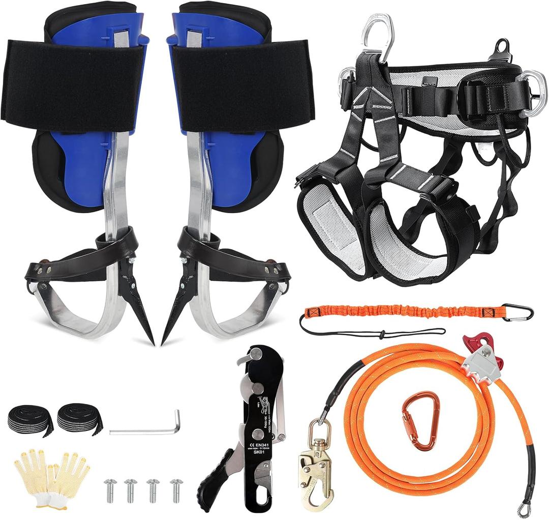 HSSZXFR Tree Climbing Spikes Kit, Tree Climbing Gear with Climbing Belt, Wire Core Flip Line Kit with Triple Lock Lanyard Adjuster, Tool Lanyard and Climbing Stop Descender, Arborist Equipment Set