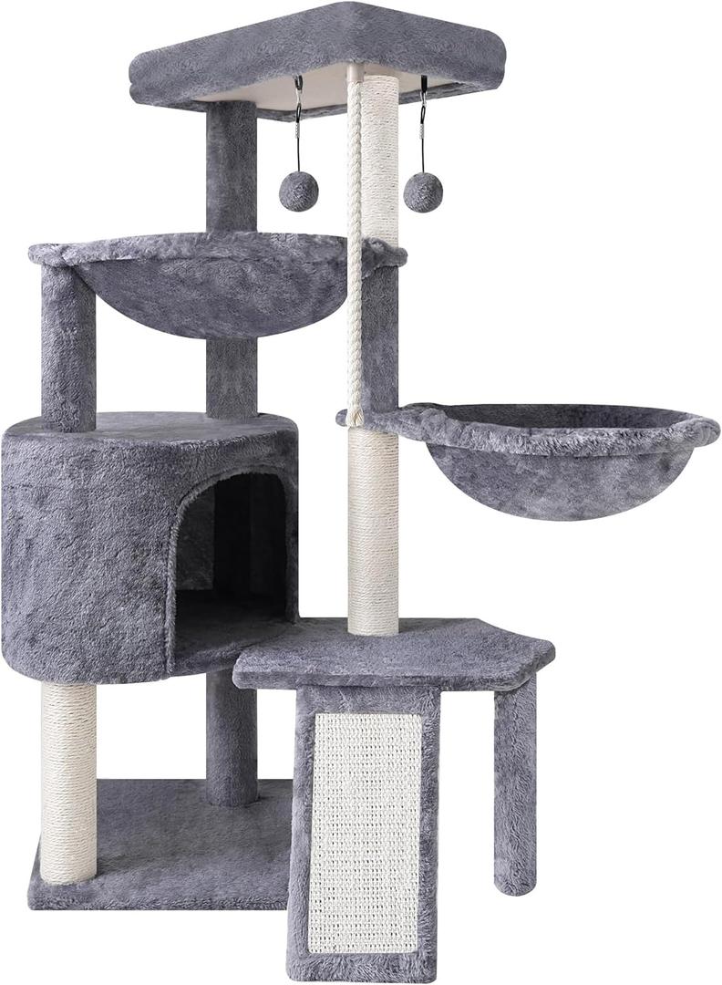 Xin Three Layer Cat Tree with Cat Condo and Two Hammocks,Grey, Small
