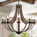 Rustic Chandeliers for Dining Room Light Fixture, 10-Light 35" Adjustable Height Retro Faux Wood Texture Farmhouse Light Fixtures for Living Room Bedroom Foyer Entryway