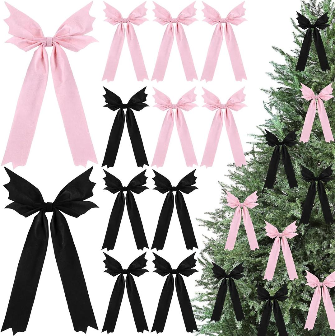 Eurzom 12 Pcs Gothic Christmas Bat Bows Tree Ornaments 10'' x 6'' Pastel Goth Christmas Decor Pink and Black Velvet Bow Cute Spooky Nightmare Hanging Decorations for Xmas Wreath Home Party Gift