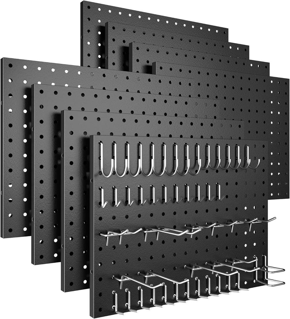 Peg Board, 8 Pack Metal Pegboard Panels with 50 Hooks, Black Pegboards Wall Organizer, Heavy Duty Peg Board for Walls Home, Garage Tool Storage, Office Organization, Craft Room, Kitchen