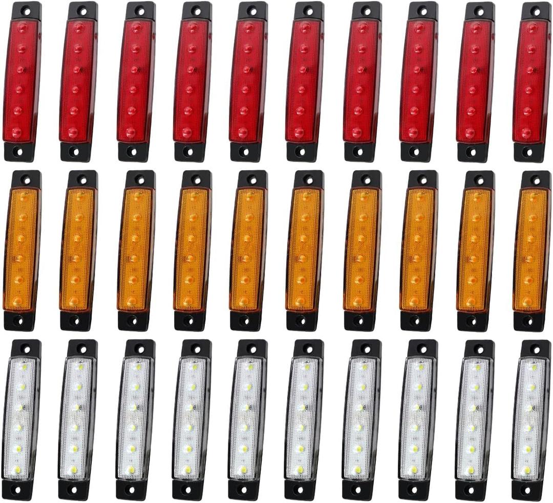 (Pack of 30) TMH 3.8 Inch 10 Amber + 10 Red + 10 White Side Marker Lights 6 LED 2835 SMD Clearance Lamps for Truck Trailer RV Campervan Pickup Tractor SUV 12V DC Shockproof TK12