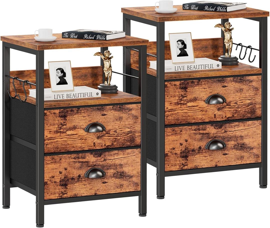 Furologee Nightstands Set 2, Bedside Table with 2 Fabric Drawers, End Table with Hooks and Shelf, for Bedroom/Living Room/Study/Hallway/Brown