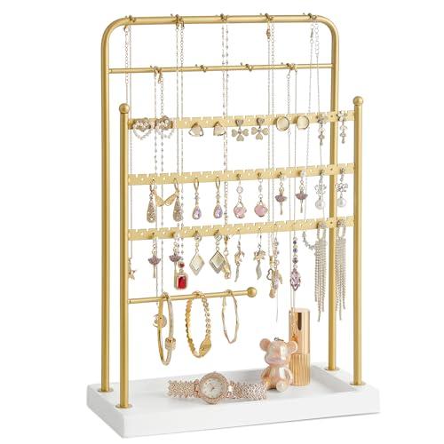 Poyilooo Jewelry Holder, Earring Organizer Holder Wood Jewelry Organizer and Storage, Jewelry Stand for Necklace Earring Keychains Bracelet Studs, Rings Display, Christmas Gifts (White&gold)(2 pcs)