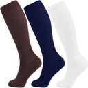 +MD Compression Socks for Women Men, 3 Pairs 15-20mmHg Knee High Support Cushion Socks for Pregnant Nurses Travel (Medium, Brown/ Navy/ White)