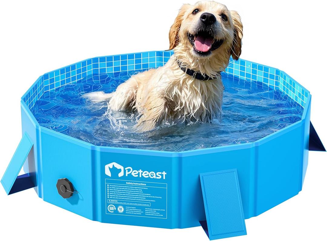 Peteast Foldable Dog Kiddie Pool with Stable Side Support, Hard Plastic Shell Portable Dog Pool, Collapsible Swimming Pools for Pet and Kids, 32 in, Blue 