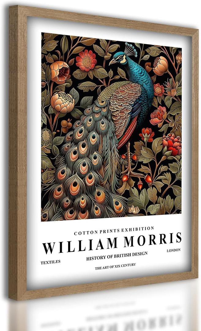 Framed Vintage Peacock Canvas Wall Art, William Morris Style Botanical Bird Print for Living Room Bedroom Bathroom Office, 16x24 Inch Ready to Hang