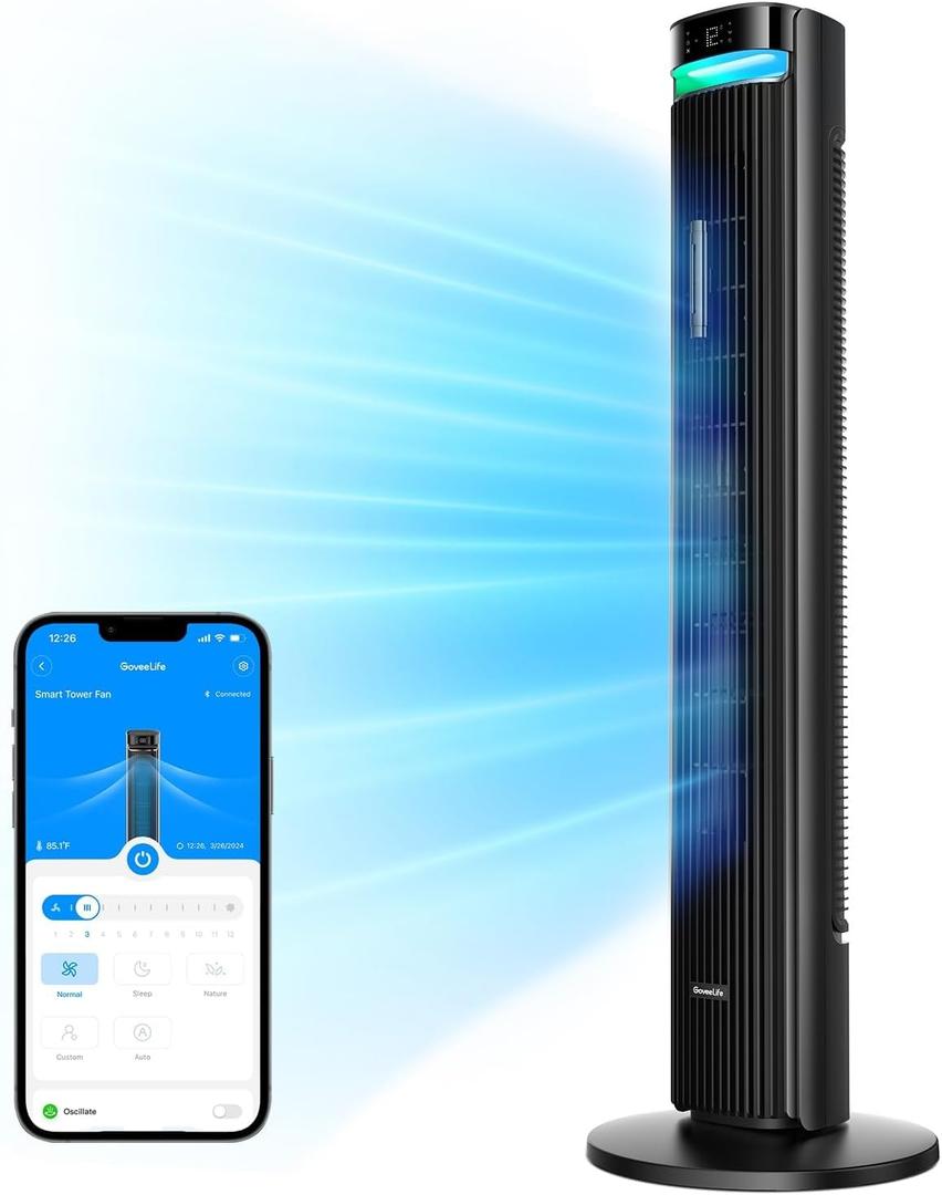 GoveeLife 42'' Tower Fan for Bedroom, Smart Floor Fans with 150 Adjustable Oscillating, APP & Voice Control, 5 Modes 12 Speeds up to 26ft/s, 24H Timer, 27dB Quiet Fan for Cooling Home Office Black