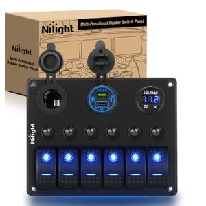 Nilight 6 Gang Rocker Switch Panel Waterproof Pre-Wired Aluminum Panels with PD Type C and USB Cigarette Lighter Socket Voltmeter 12V 24V ON Off Switches for Car Trucks Boats RVs