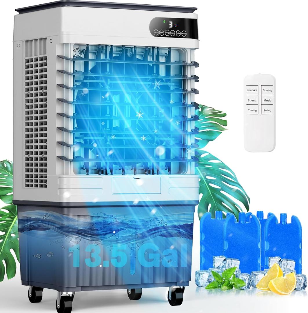 Swamp Cooler Air Conditioners, 4-IN-1 Portable Evaporative Cooler Cools Up to 1000 Sq.Ft, Large 13.5Gal Tank for 24/7 Cooling, Low Noise Cooling Fan with Remote Control Fits for Large Rooms