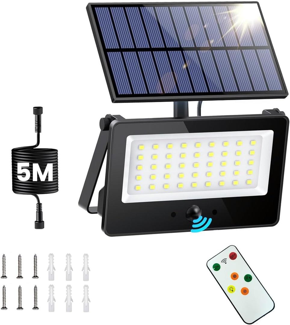 Solar Flood Lights Outdoor Waterproof with Remote Control, 1000LM 6500K 4 Modes 16.4FT Cable Solar Motion Flood Lights for Outside Wall Garage Shed Patio Yard Porch Garden Decor(Cool White)