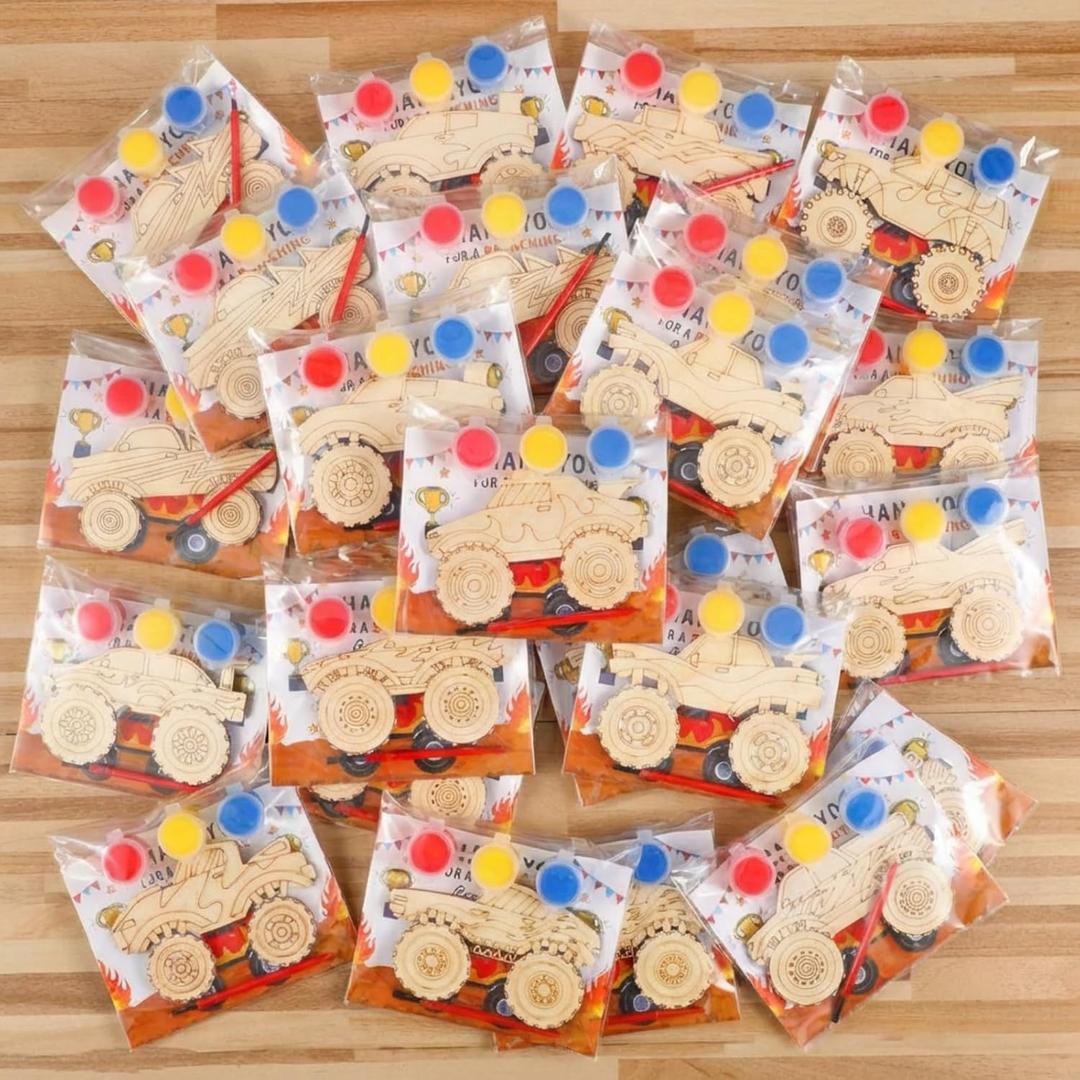 48 Pcs Monster Truck Party Favors Bulk Wooden Truck Cutouts Crafts Unfinished DIY Blank Wood Race Car Cut Outs with Cards Painting Kits for Goodie Bags Racing Birthday Party Decor Supplies