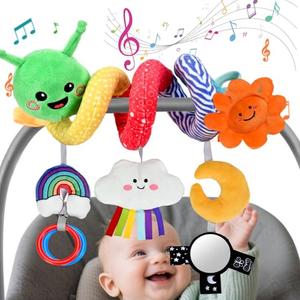 CaftyMids Baby Plush Hanging Musical Toy for 0-6-12 Months, Cloud with Touch - Activated 30-Sound Music Box, Washable, Sun/Rainbow/Moon, Gift for Strollers/Car Seats