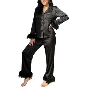 Aopwsrlyi Satin Pajama Set for Women Feather Trim Long Sleeve Sleepwear Shirt Matching Pants Bride Pjs Lounge Set (Black, L)